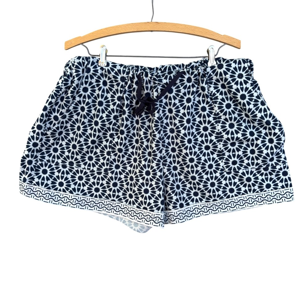 Navy White Geometric Star Print Drawstring Shorts Boho Mosaic Pattern Pockets